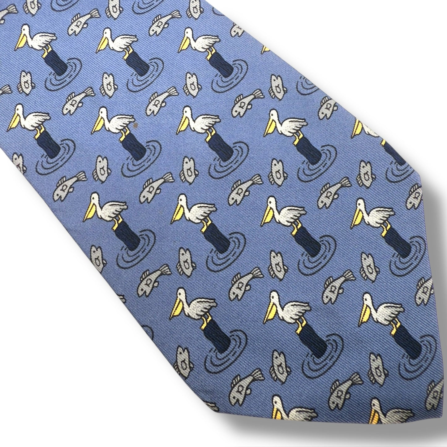 【7312】良品ー可品!エルメス ネクタイ ブルー系 ペリカン柄 魚柄