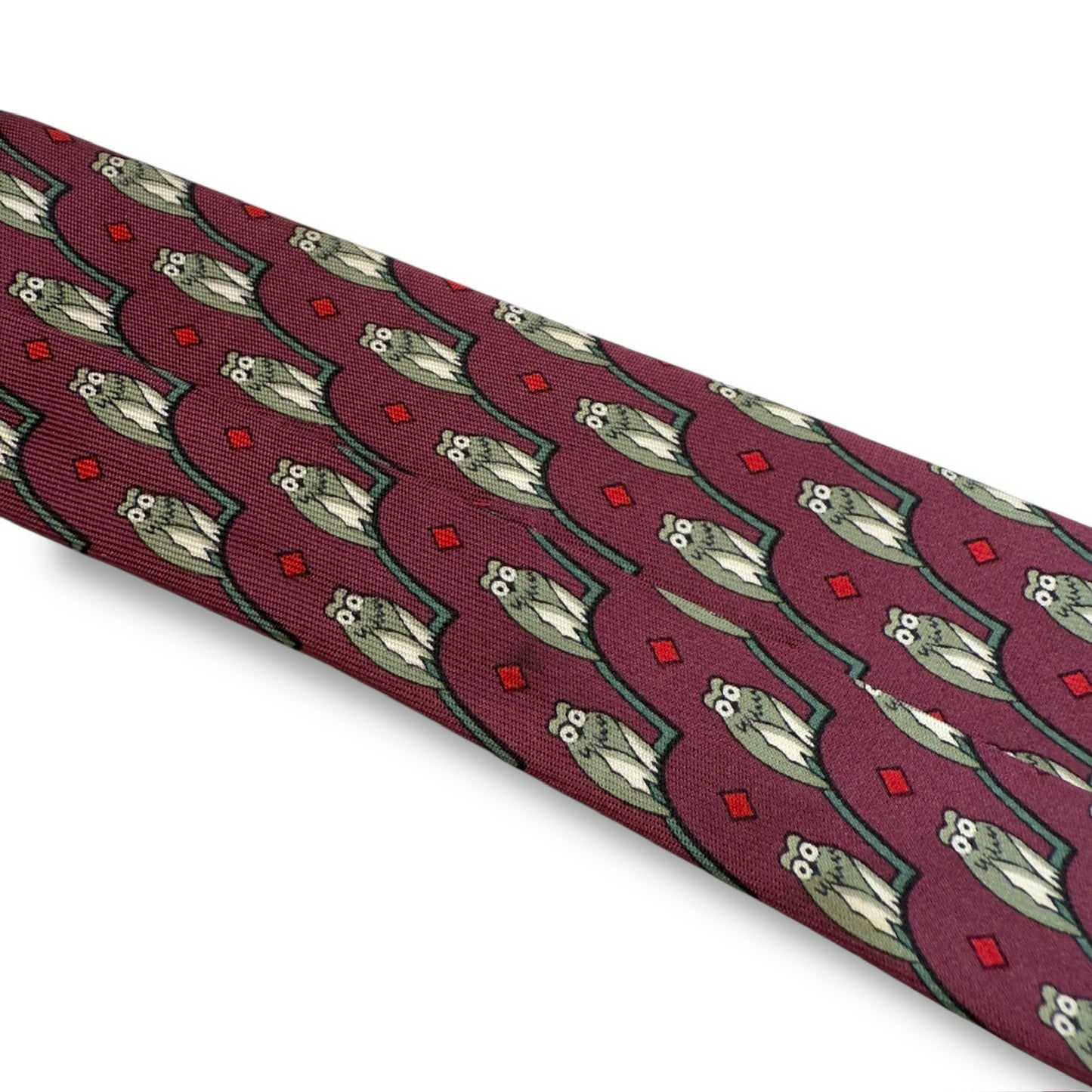 【7267】良品!エルメス ネクタイ ワインレッド系 フクロウ柄