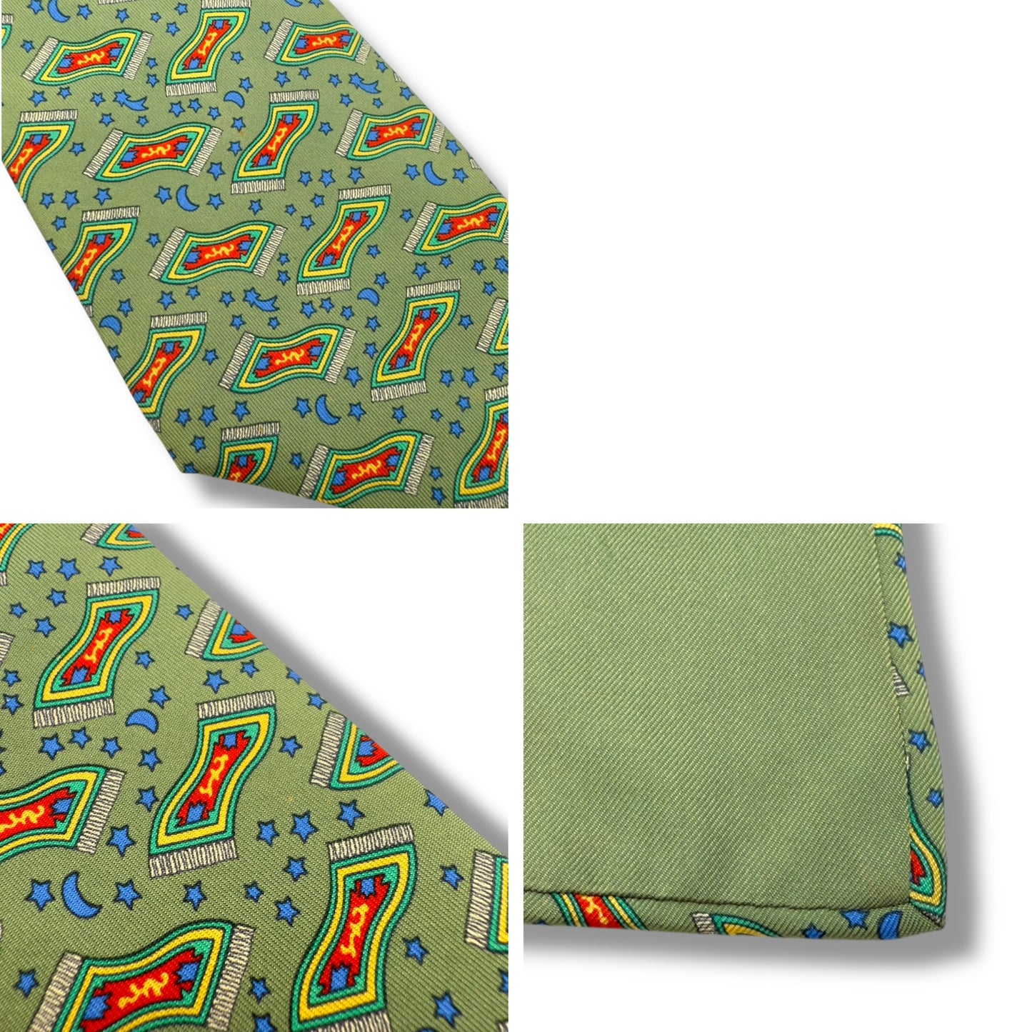 【7299】良品!エルメス ネクタイ グリーン系 カーペット柄