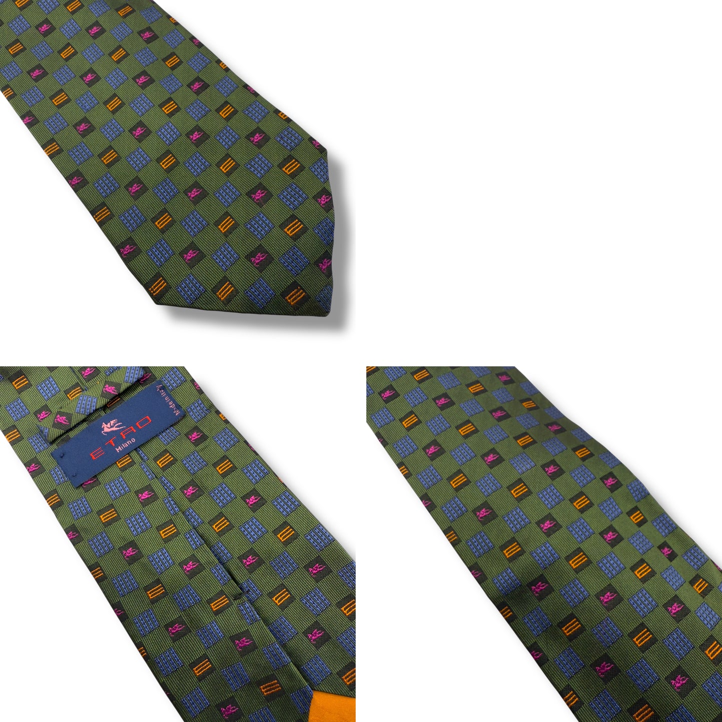 【7380】良品!エトロ ネクタイ グリーン系 ロゴ柄