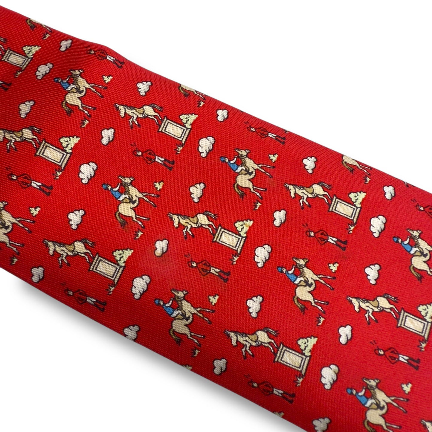 【7268】良品ー可品!エルメス ネクタイ レッド系 乗馬柄