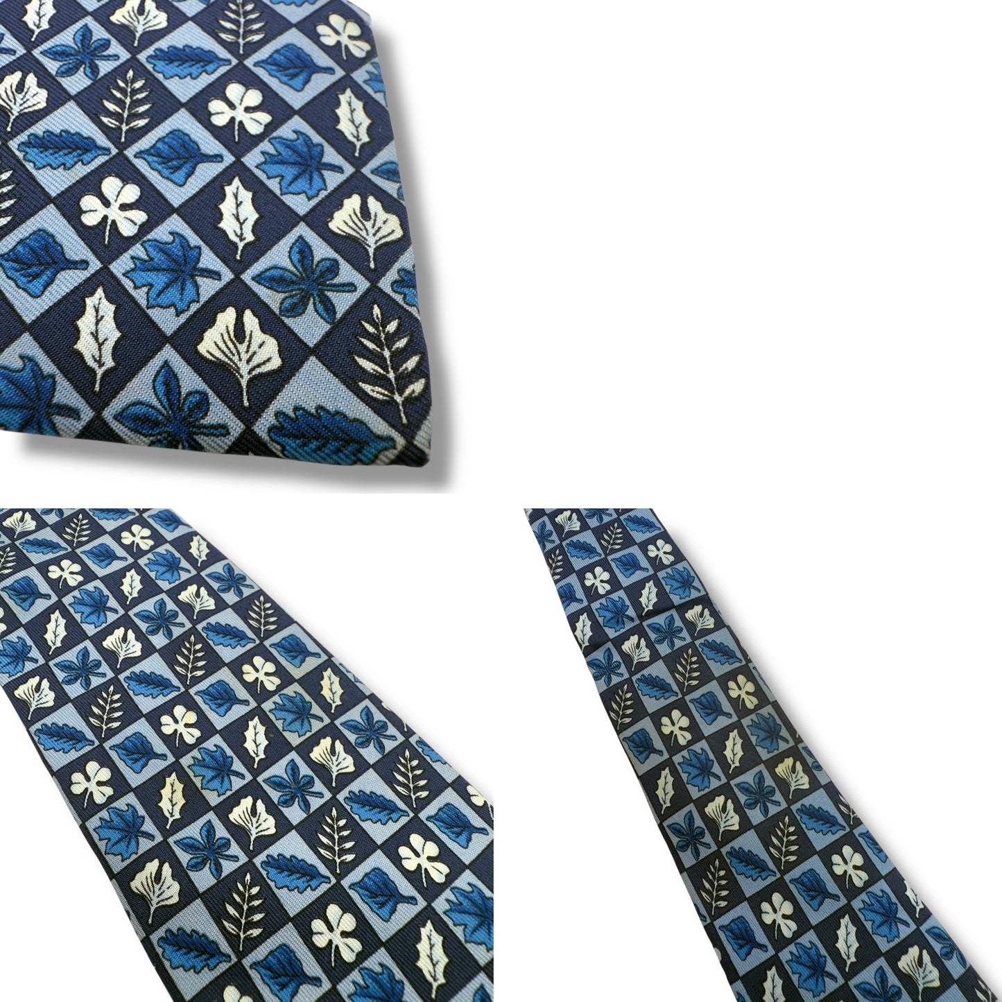 【7435】可品!エルメス ネクタイ ブルー系 葉っぱ柄