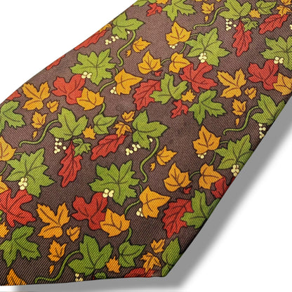 【8645】良品！エルメス　ネクタイ　ブラウン系×グリーン系　植物柄