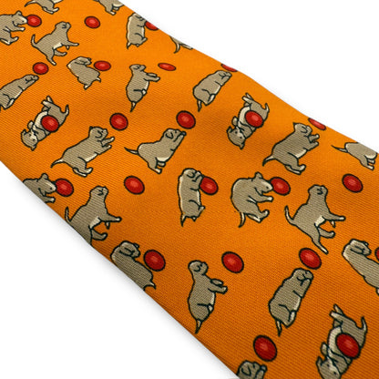 【7576】良品！エルメス　ネクタイ　オレンジ系　犬柄