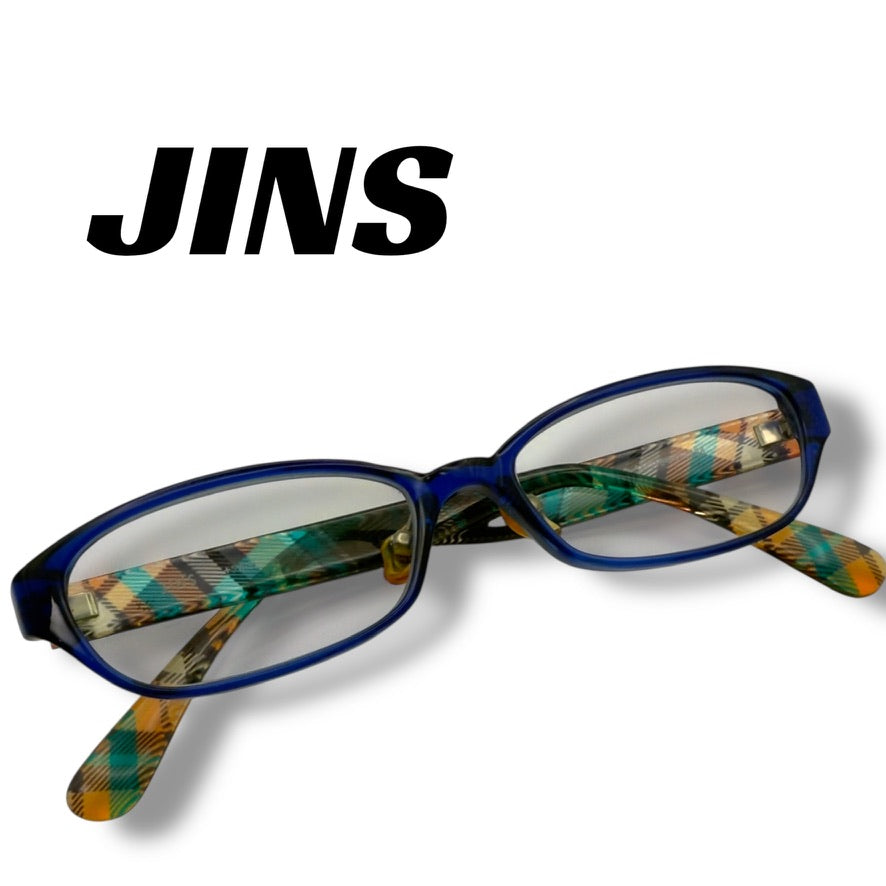 [61] Good quality! JINS glasses, blue, checkered pattern 