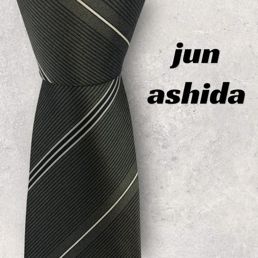 [6333] Good quality! Jun Ashida tie, khaki x black, striped 