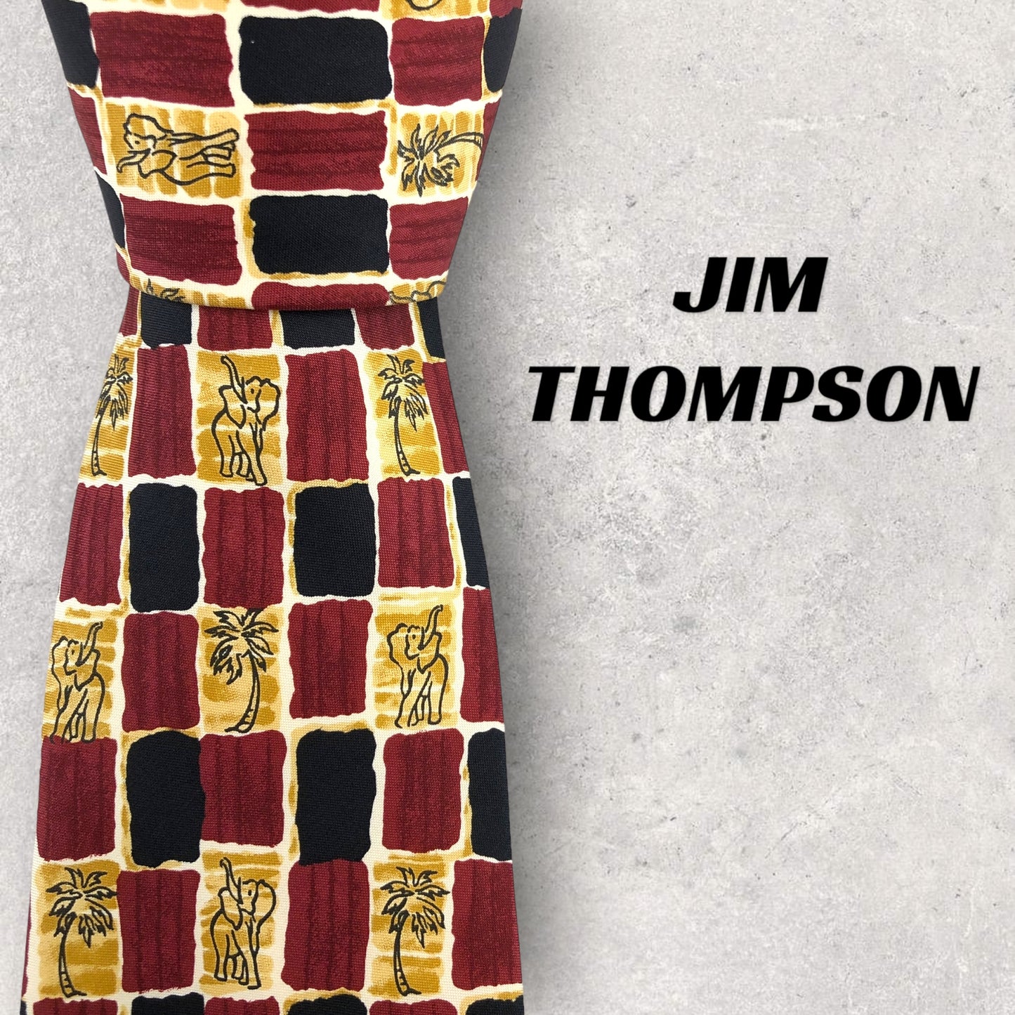 [6405] Good quality! Jim Thompson necktie, red, elephant and palm tree pattern 