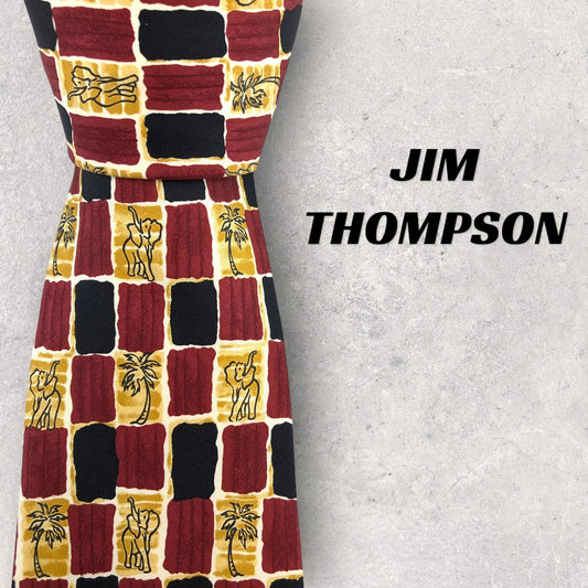 [6405] Good quality! Jim Thompson necktie, red, elephant and palm tree pattern 