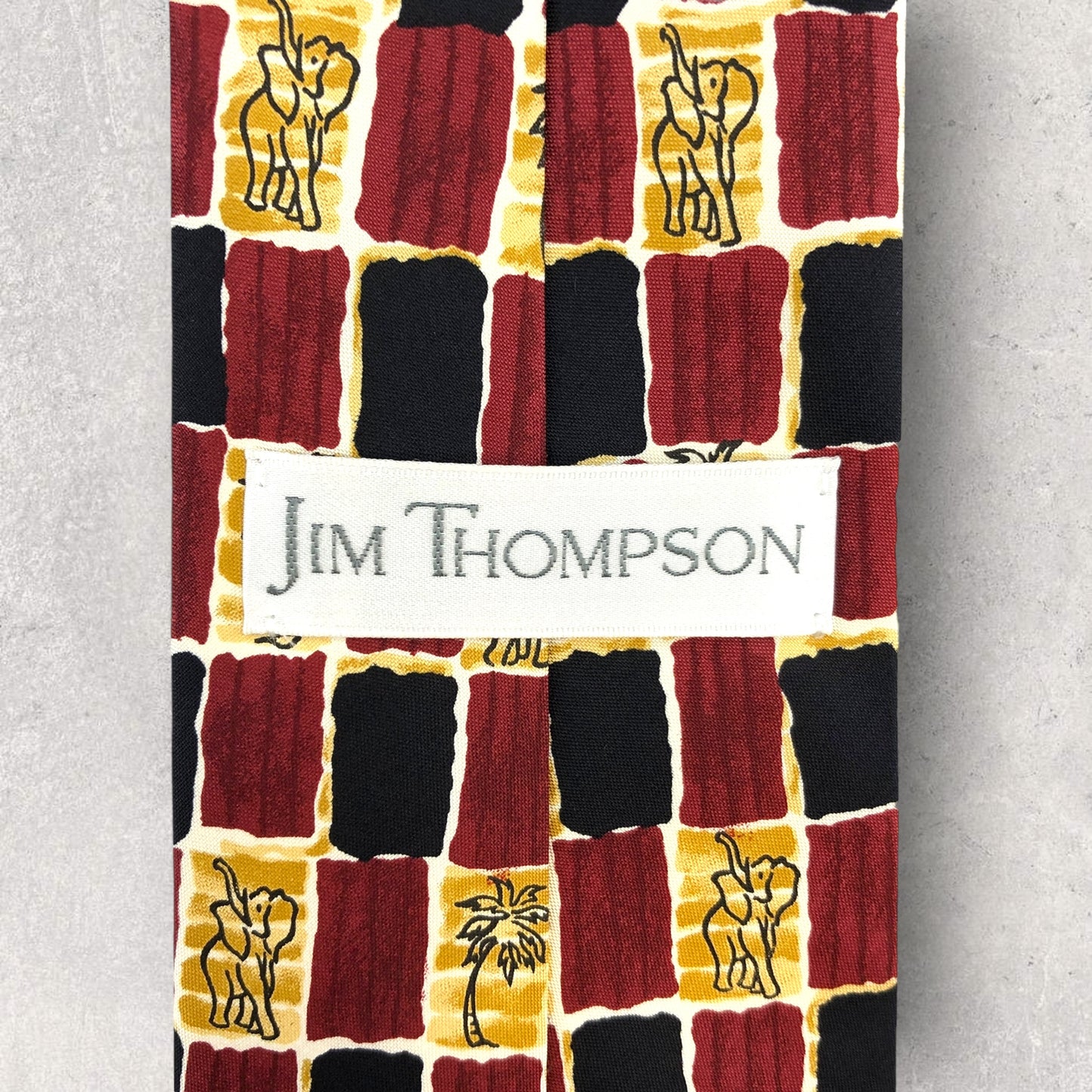 [6405] Good quality! Jim Thompson necktie, red, elephant and palm tree pattern 