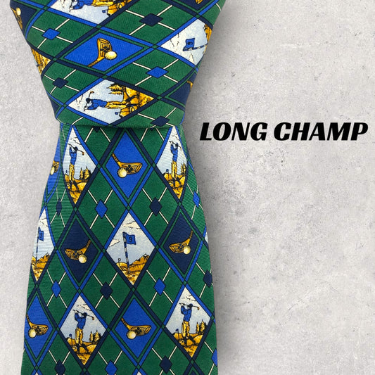 [6630] Good quality! Longchamp necktie, green, golf pattern 