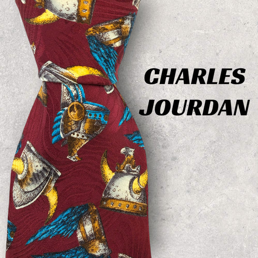 [6715] Beautiful item! Charles Jourdan necktie, red, Viking horn hat pattern 