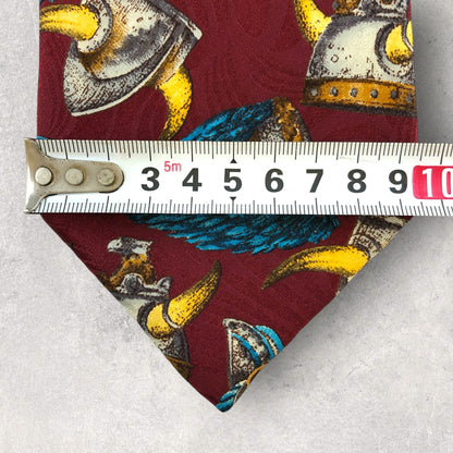 【6715】美品！シャルルジョルダン　ネクタイ　レッド系　バイキングホーンハット柄