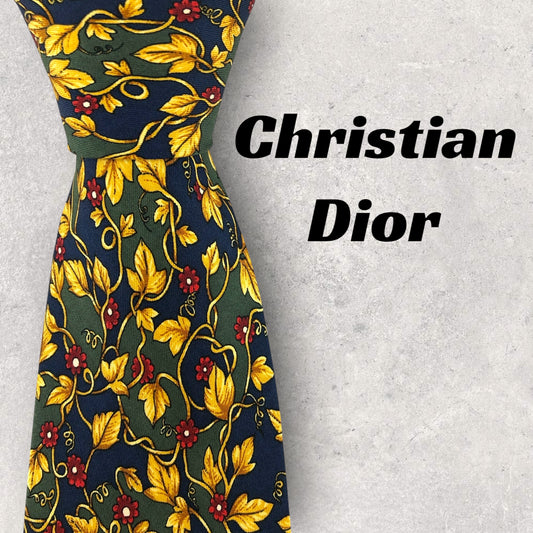 【6959】良品！クリスチャンディオール　ネクタイ　ネイビー系　花柄
