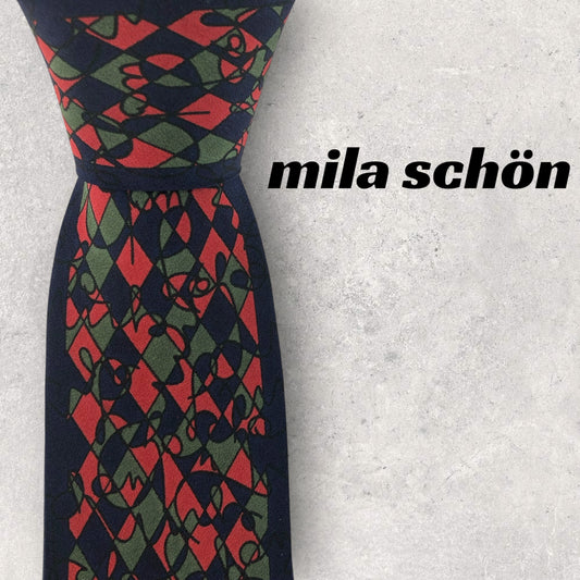 【6962】良品！ミラショーン　ネクタイ　ネイビー系　レッド系