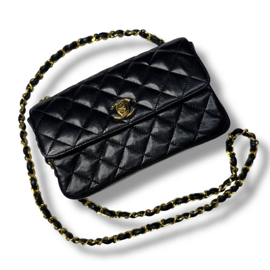 【良品】シャネル　ミニマトラッセ　チェーンショルダーバッグ　ブラック　ラムスキン