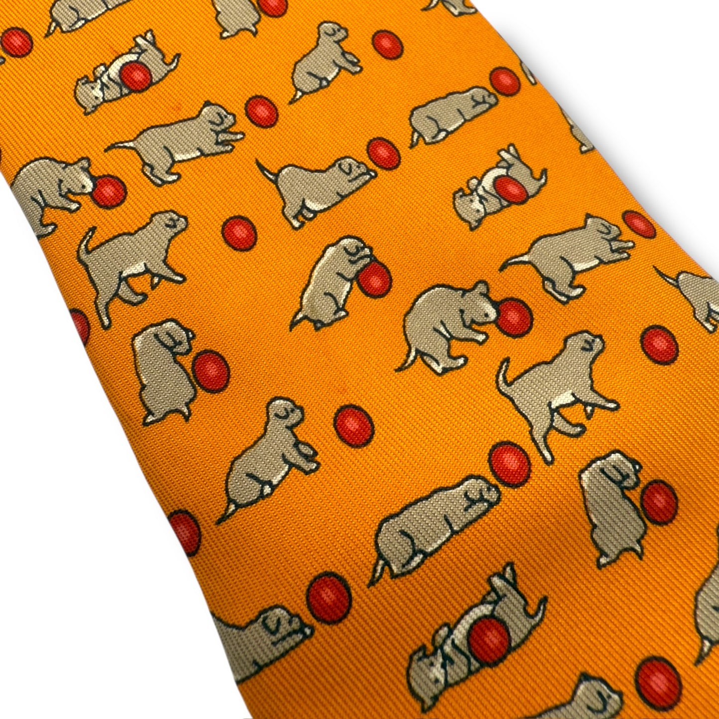 【7576】良品！エルメス　ネクタイ　オレンジ系　犬柄