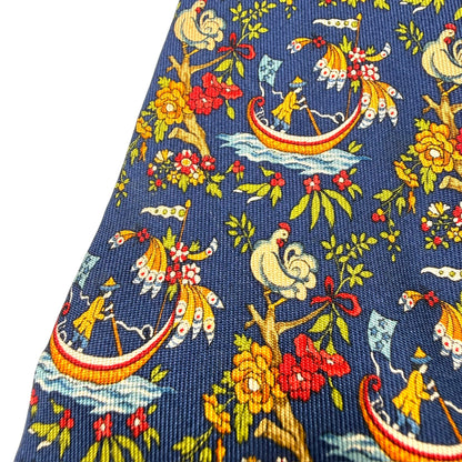 【8597】良品！フェラガモ　ネクタイ　ネイビー系 鳥柄