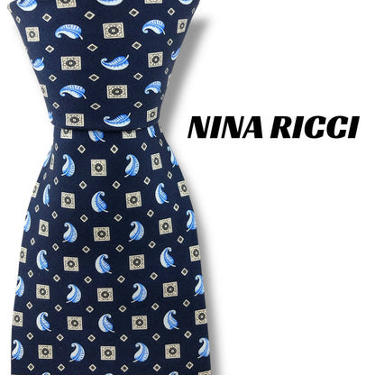 【7042】良品！ニナリッチ　ネクタイ　ブルー系　フェザー柄