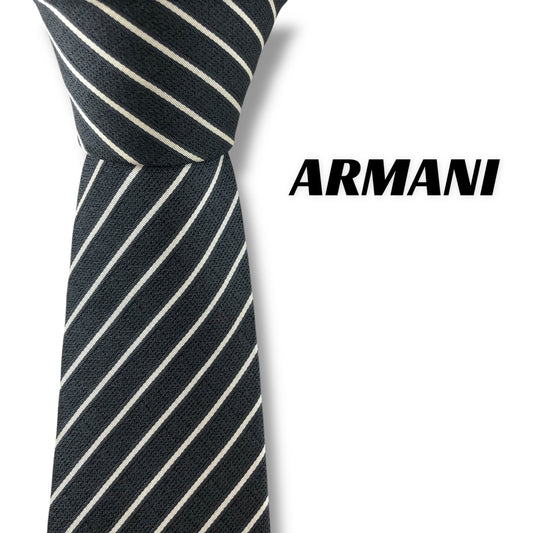 【7119】良品！アルマーニ　ネクタイ　ブラック系　ストライプ柄