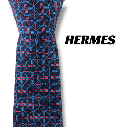 【7125】美品！エルメス　ネクタイ　ネイビー系