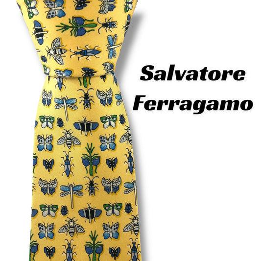 【7126】良品！サルヴァトーレフェラガモ　ネクタイ　イエロー系　昆虫柄