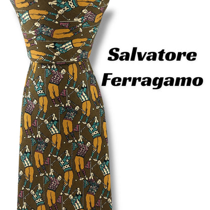 【7127】美品！サルヴァトーレフェラガモ　ネクタイ　ブラウン系　ゴルフ柄