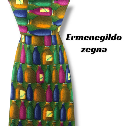 【7150】美品！エルメネジルドゼニア　ネクタイ　グリーン系　ボトル柄