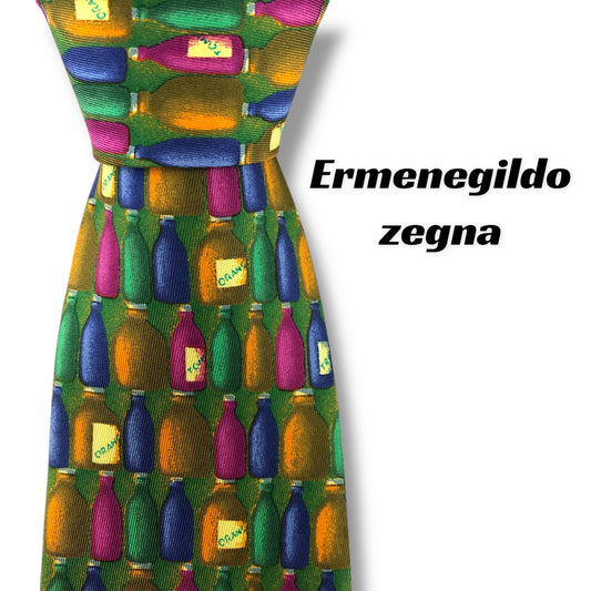 【7150】美品！エルメネジルドゼニア　ネクタイ　グリーン系　ボトル柄