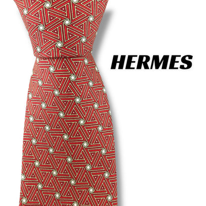 【7172】美品！エルメス　ネクタイ　レッド系　オレンジ系