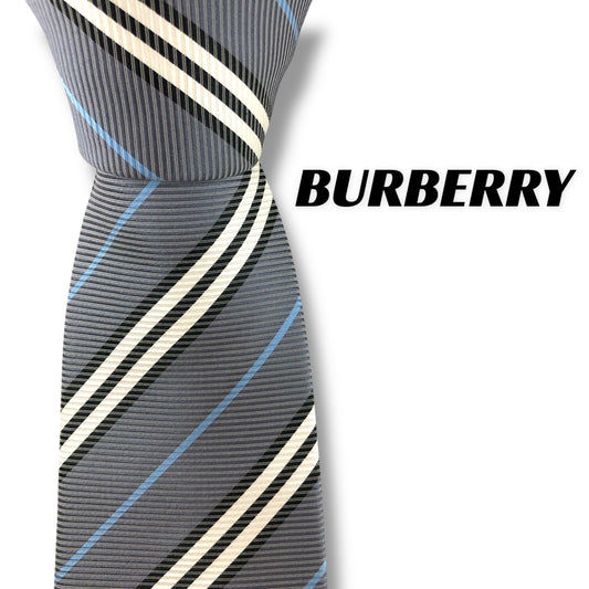 【7174】美品！バーバリー　ネクタイ　水色系　ストライプ柄