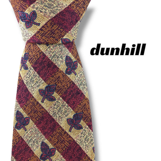 【7176】美品！ダンヒル　ネクタイ　レッド系　葉っぱ柄