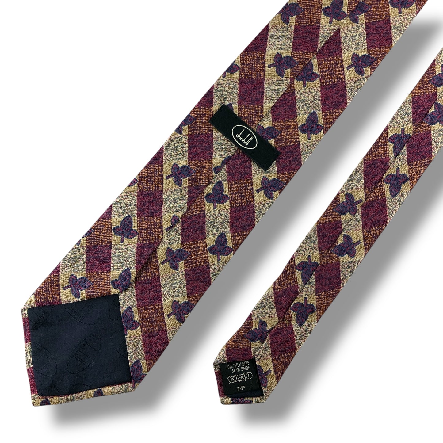 【7176】美品！ダンヒル　ネクタイ　レッド系　葉っぱ柄