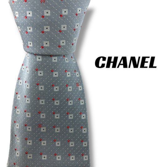 【7178】美品！シャネル　ネクタイ　グレー・水色系　ココマーク