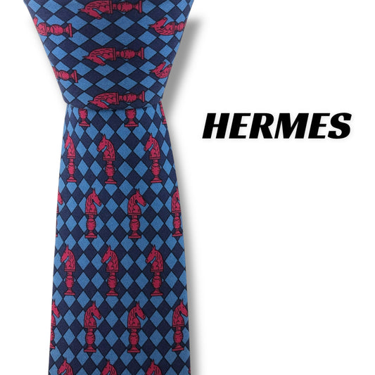 【7205】良品！エルメス　ネクタイ　ブルー系　チェス柄