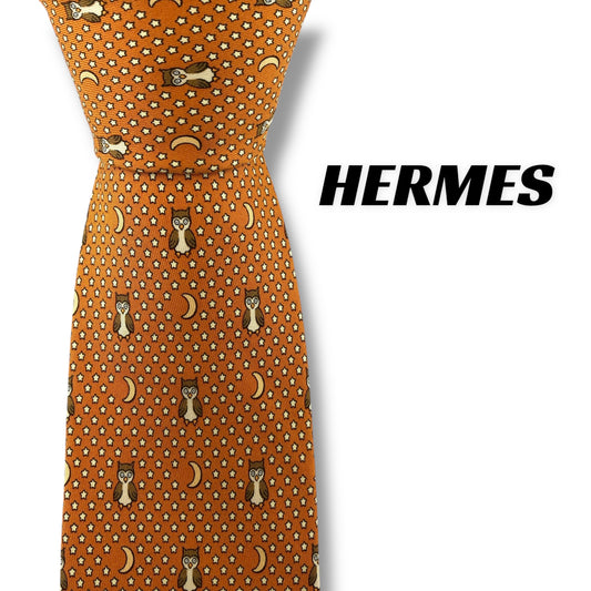 【7206】美品！エルメス　ネクタイ　オレンジ系　フクロウ柄