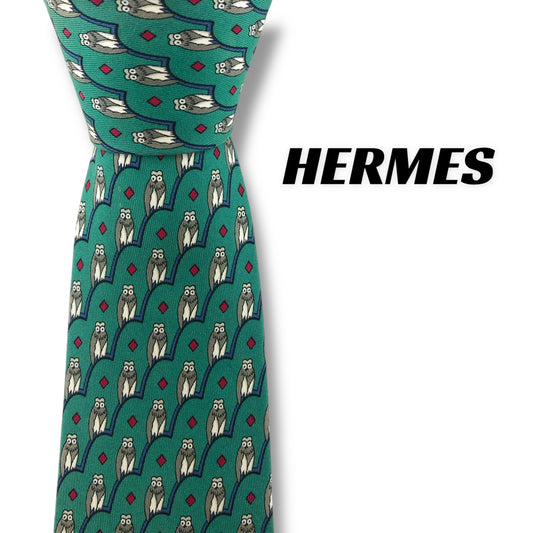 【7207】良品！エルメス　ネクタイ　グリーン系　フクロウ柄