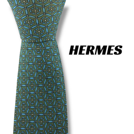 【7213】良品！エルメス　ネクタイ　グリーン系