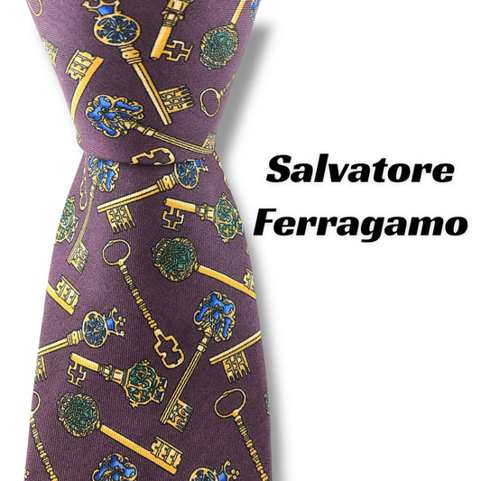 【7243】良品！サルヴァトーレフェラガモ　ネクタイ　パープル系　鍵柄