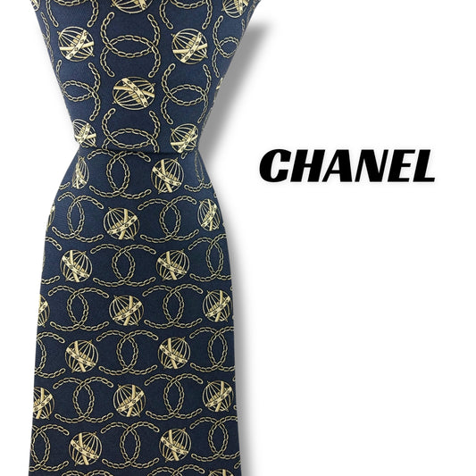 【7244】美品！シャネル　ネクタイ　ネイビー系　ココマーク柄