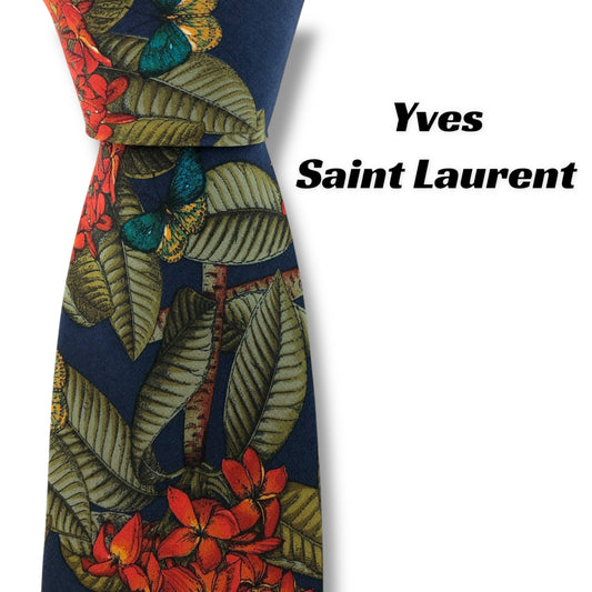【7256】美品！イヴサンローラン　ネクタイ　ネイビー系　花柄