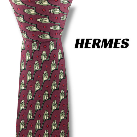 【7267】良品！エルメス　ネクタイ　ワインレッド系　フクロウ柄
