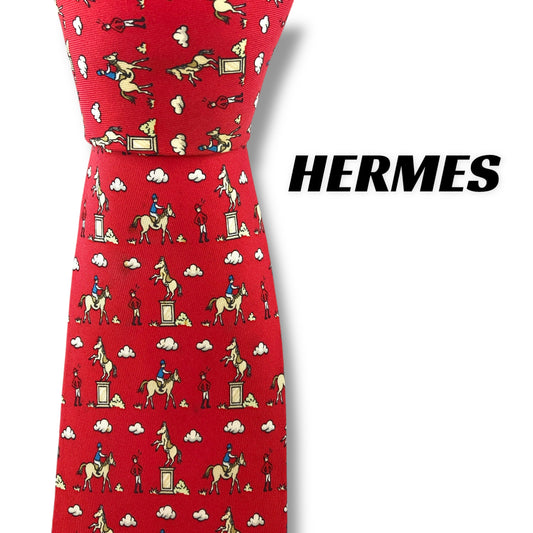 【7268】良品ー可品！エルメス　ネクタイ　レッド系　乗馬柄