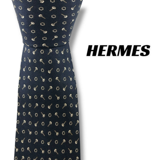 【7272】良品！エルメス　ネクタイ　ダークネイビー系　ネジ柄