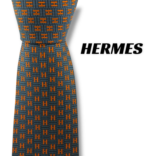【7278】可品！エルメス　ネクタイ　オレンジ×水色系　H柄