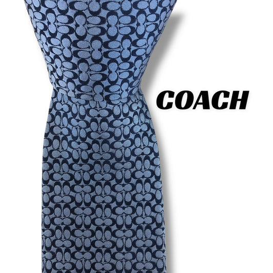 【7284】良品ー可品！コーチ　ネクタイ　ブルー系　シグネイチャー柄