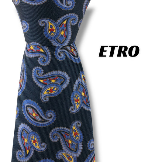 【7288】美品！エトロ　ネクタイ　ネイビー系　ペイズリー柄