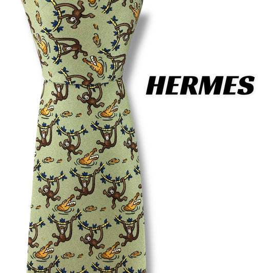 【7289】良品！エルメス　ネクタイ　グリーン系　サル柄　ワニ柄