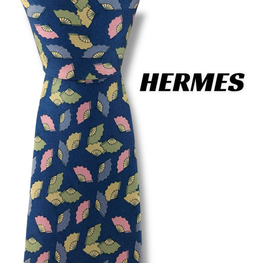 【7297】美品！エルメス　ネクタイ　ブルー系　扇子柄