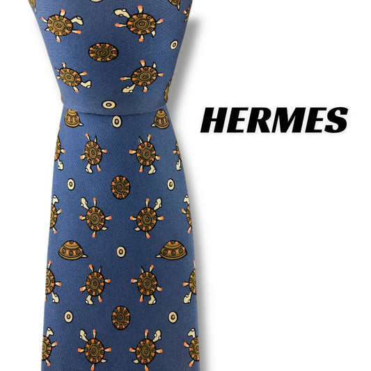 【7301】良品！エルメス　ネクタイ　ブルー系　カメ柄