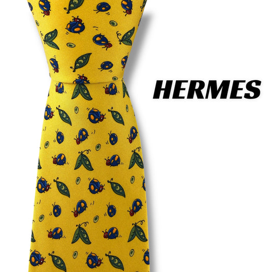 【7303】良品！エルメス　ネクタイ　イエロー系　てんとう虫柄
